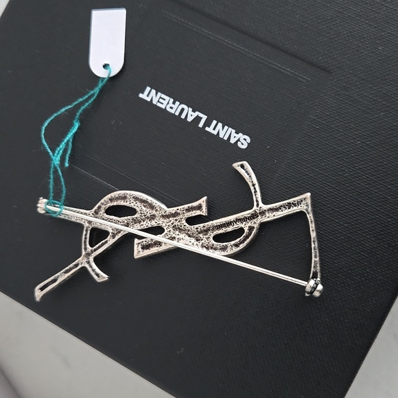New With Box SAINT LAURENT Brooch Pin Silver & Black YSL Pin Logo & Pouch/box - Picture 4 of 11